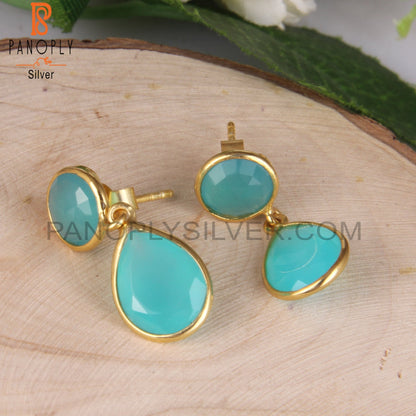 14K Gold Plated 925 Silver Aqua Chalcedony Bezel Set Earrings