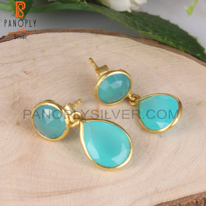 14K Gold Plated 925 Silver Aqua Chalcedony Bezel Set Earrings