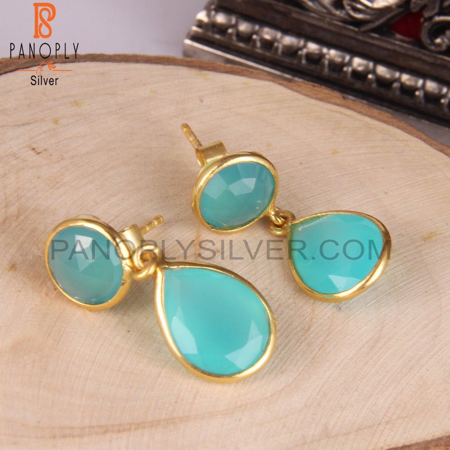 14K Gold Plated 925 Silver Aqua Chalcedony Bezel Set Earrings