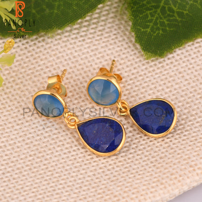 Lapis Lazuli, Blue Chalcedony Gold Plated 925 Silver Dangle Earrings