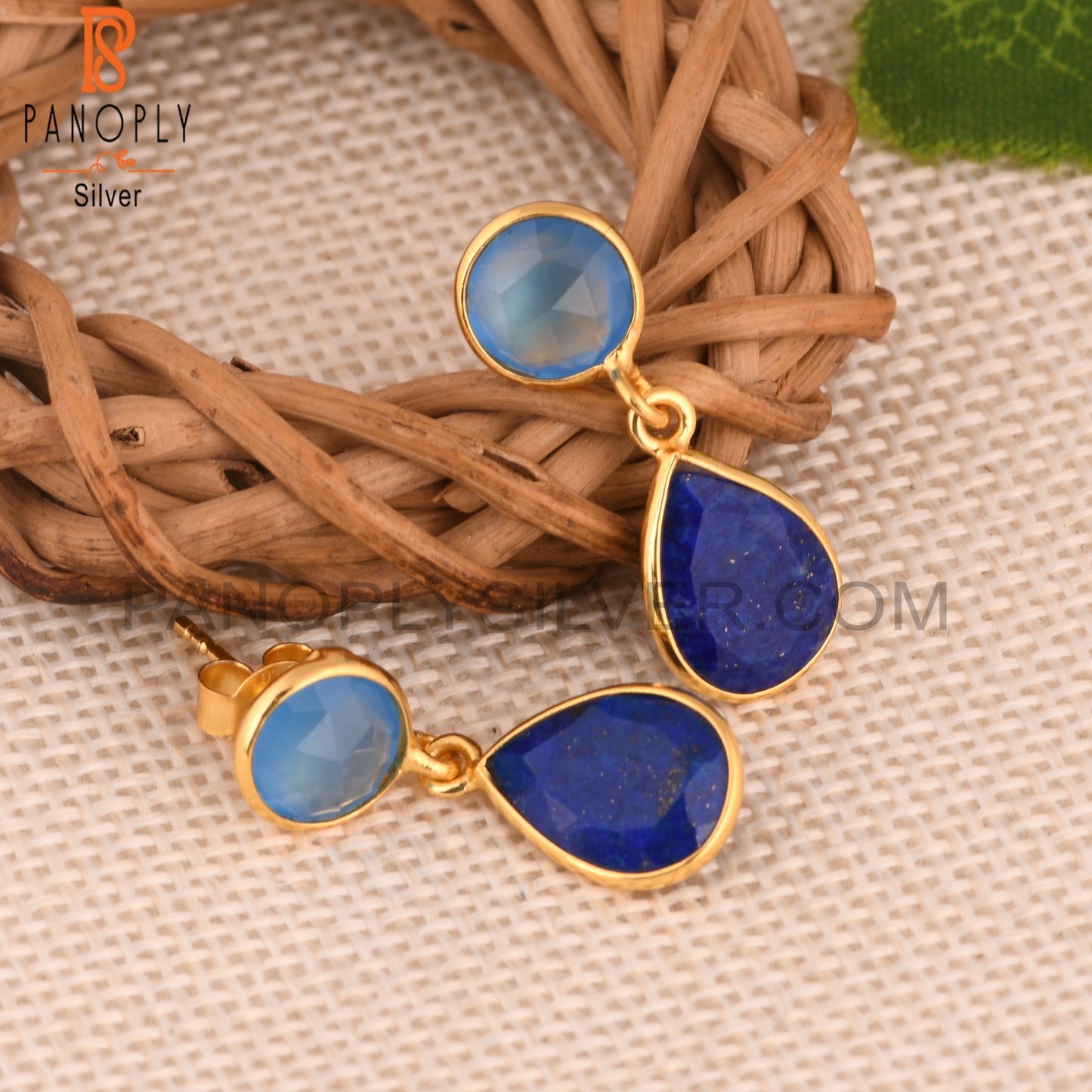 Lapis Lazuli, Blue Chalcedony Gold Plated 925 Silver Dangle Earrings