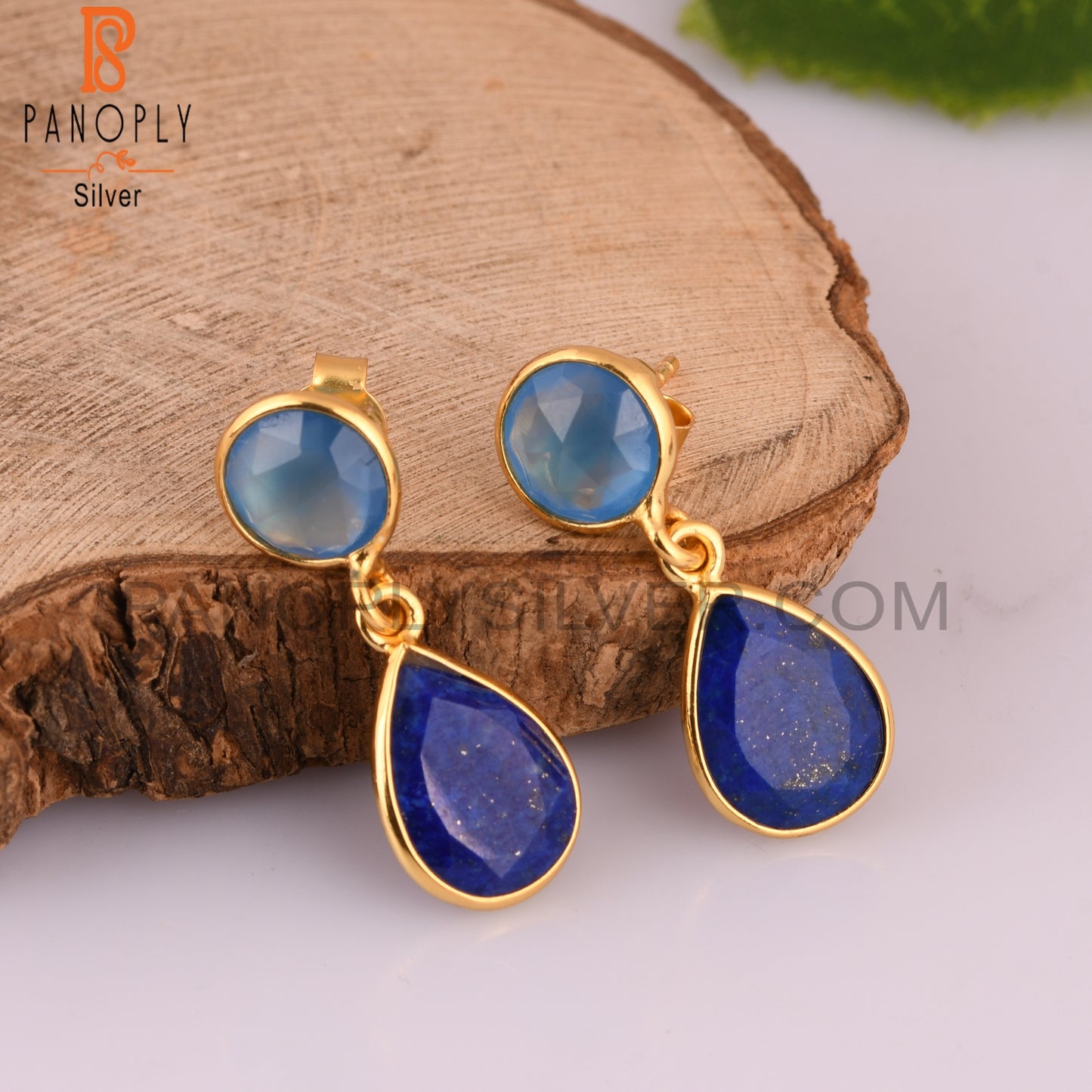 Lapis Lazuli, Blue Chalcedony Gold Plated 925 Silver Dangle Earrings