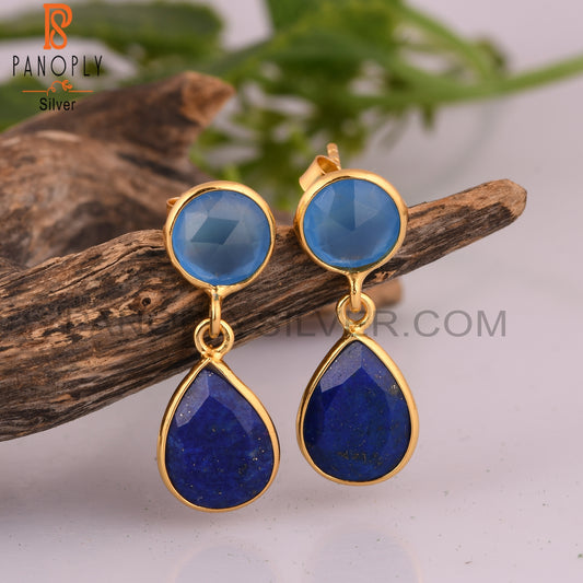 Lapis Lazuli, Blue Chalcedony Gold Plated 925 Silver Dangle Earrings