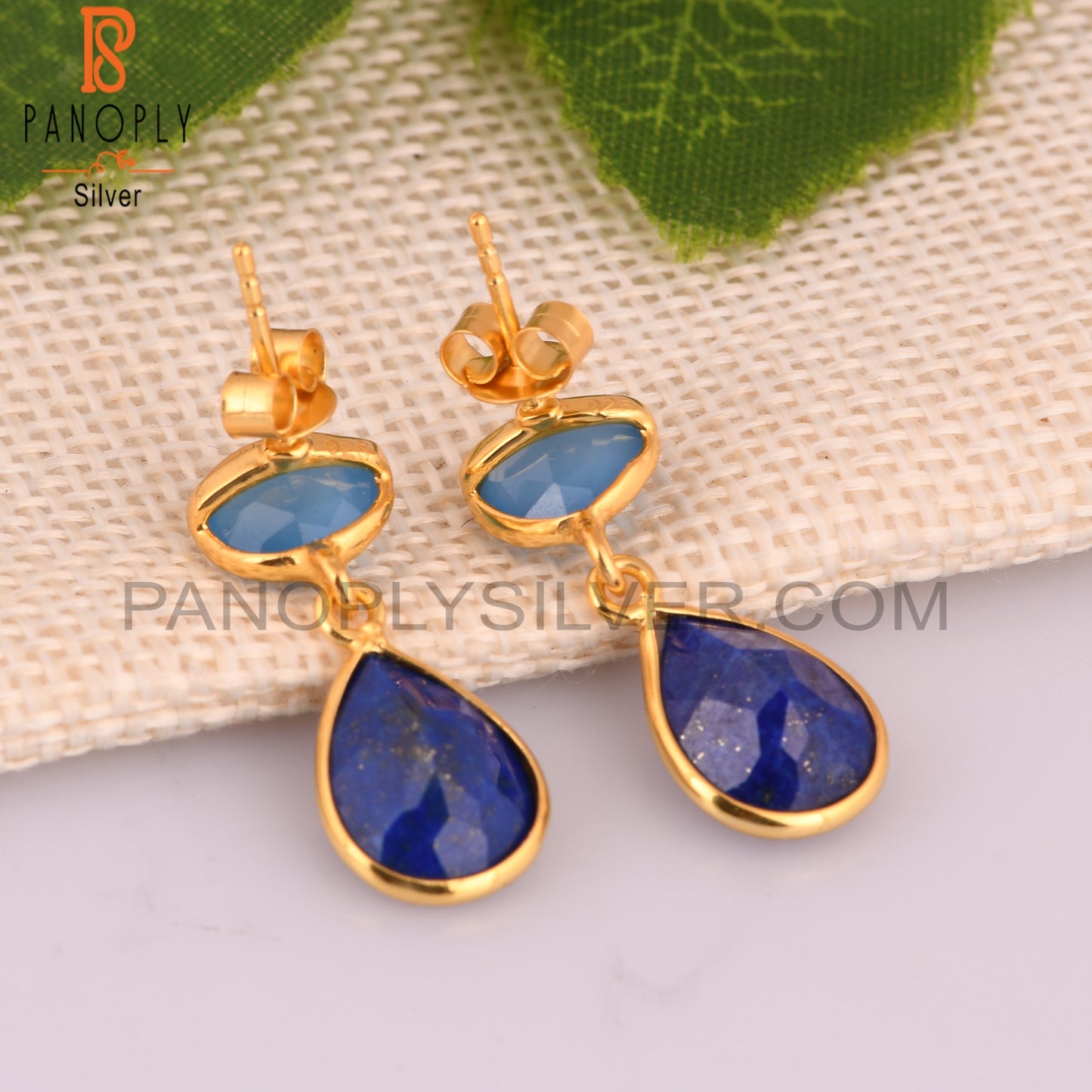 Lapis Lazuli, Blue Chalcedony Gold Plated 925 Silver Dangle Earrings