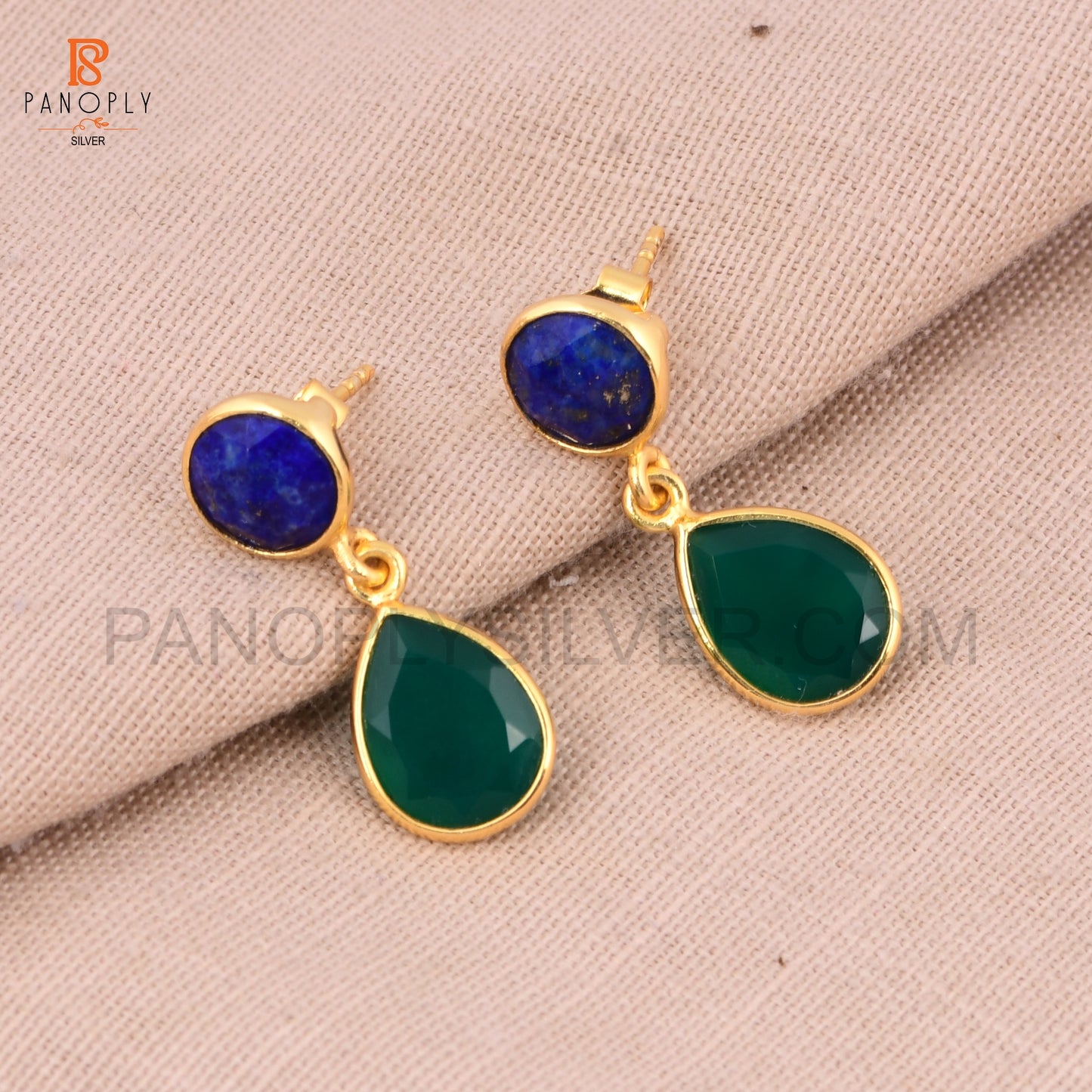 18K Gold 925 Silver Lapis & Green Onyx Dangle Earrings