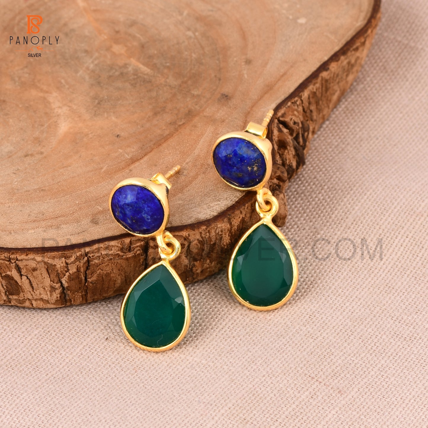 18K Gold 925 Silver Lapis & Green Onyx Dangle Earrings