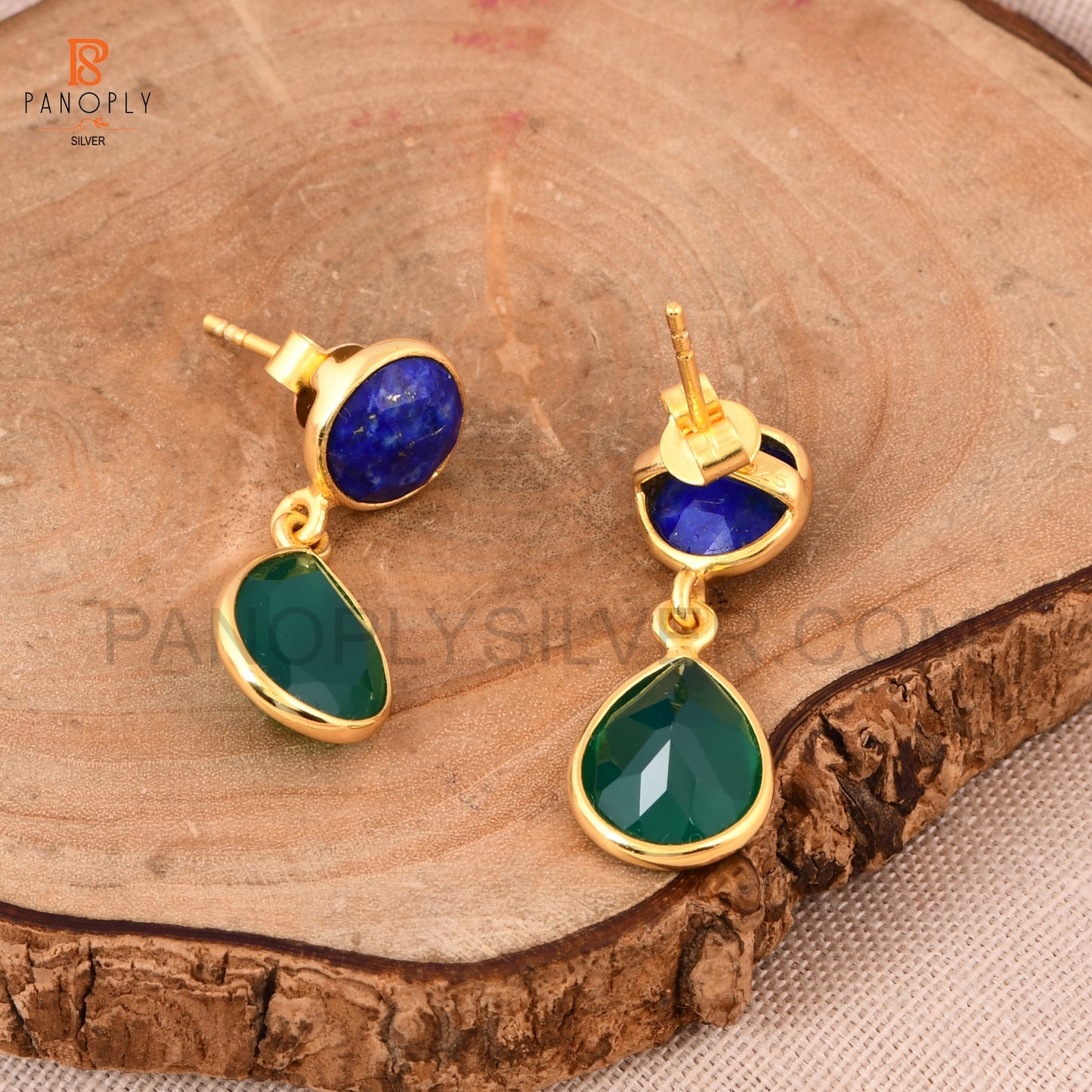 18K Gold 925 Silver Lapis & Green Onyx Dangle Earrings