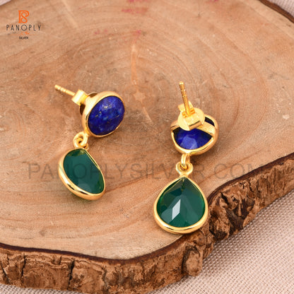 18K Gold 925 Silver Lapis & Green Onyx Dangle Earrings