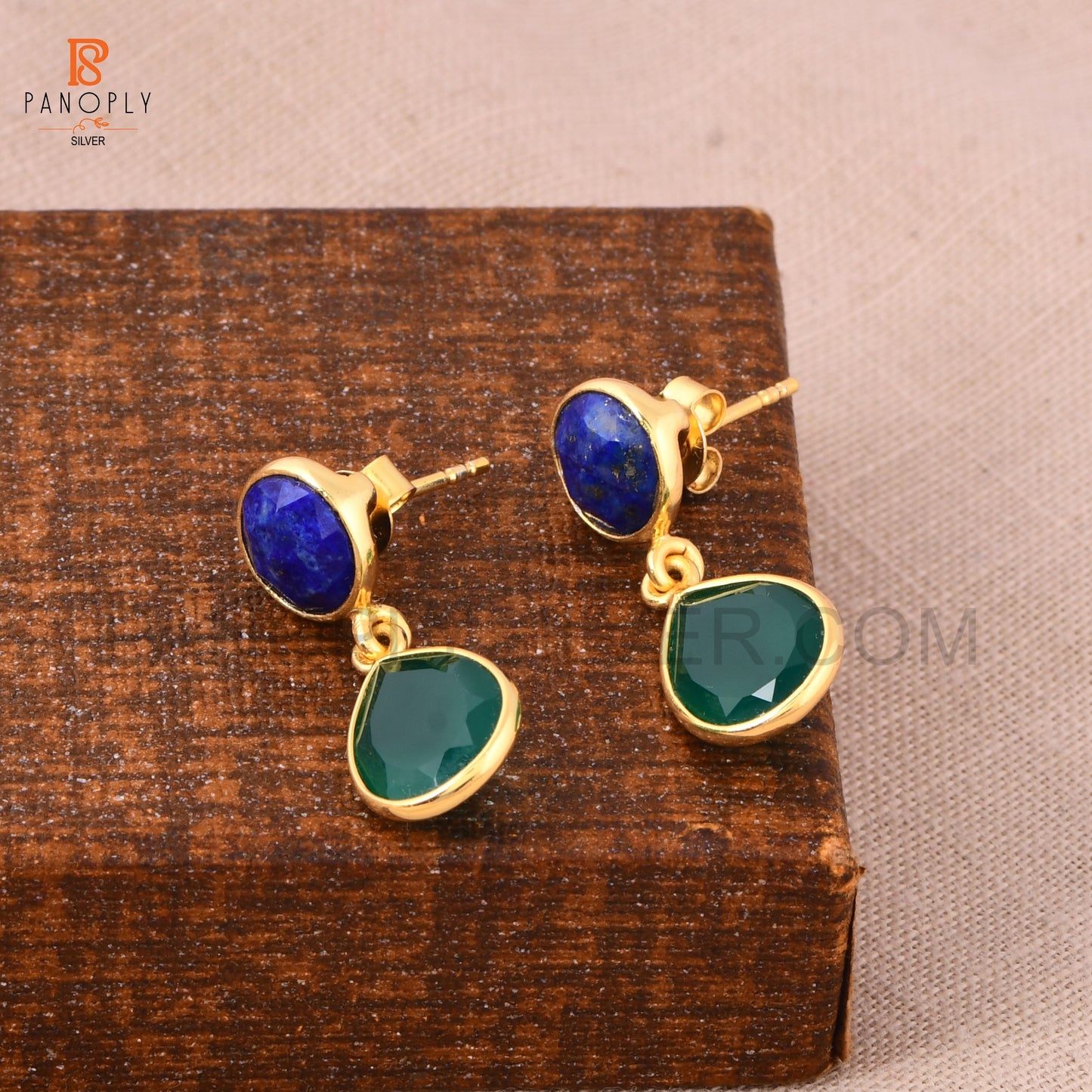 18K Gold 925 Silver Lapis & Green Onyx Dangle Earrings