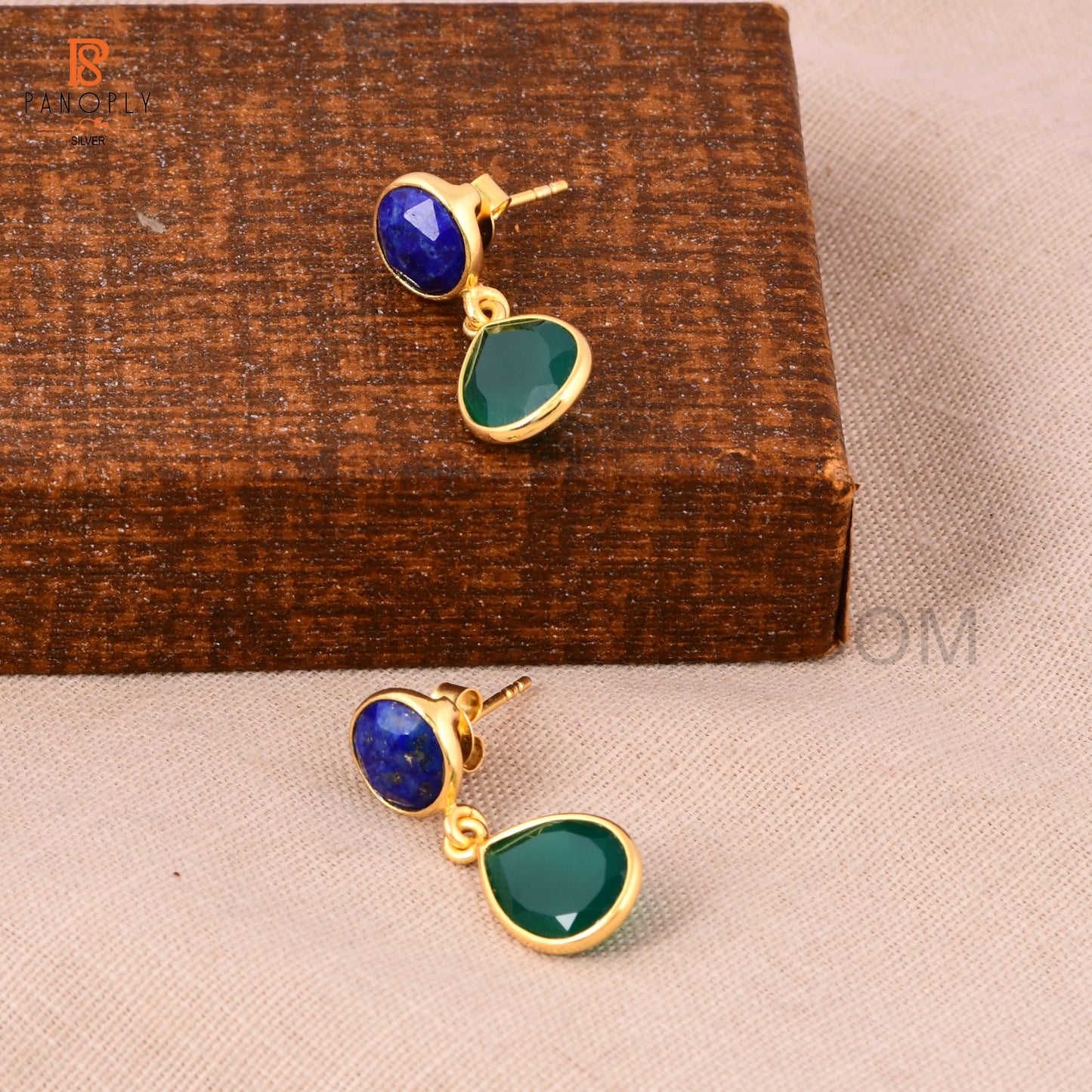 18K Gold 925 Silver Lapis & Green Onyx Dangle Earrings