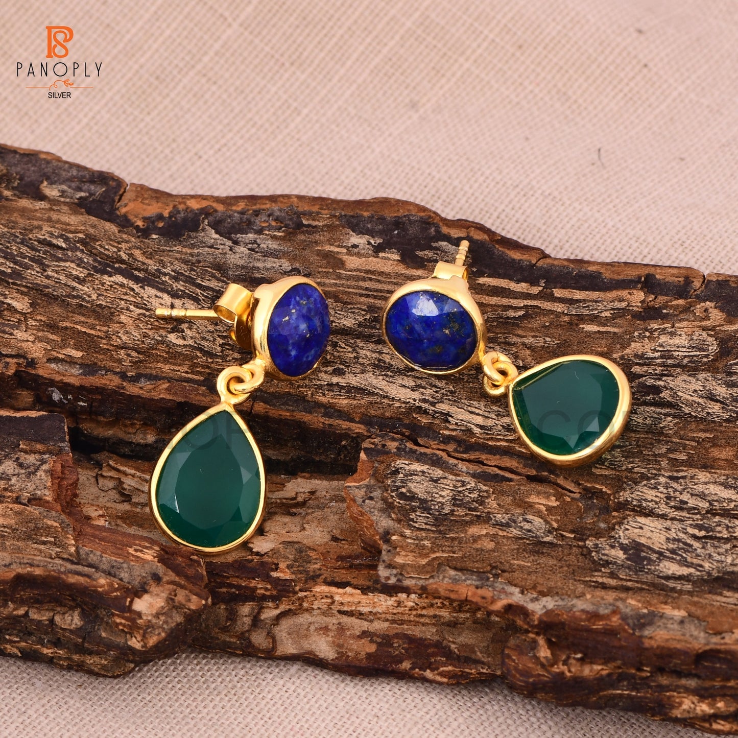 18K Gold 925 Silver Lapis & Green Onyx Dangle Earrings