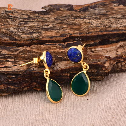 18K Gold 925 Silver Lapis & Green Onyx Dangle Earrings