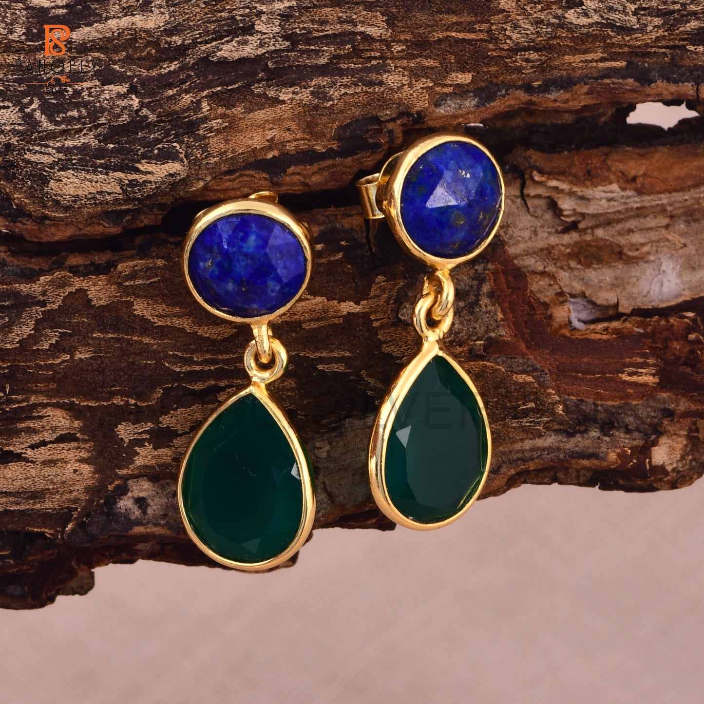 18K Gold 925 Silver Lapis & Green Onyx Dangle Earrings