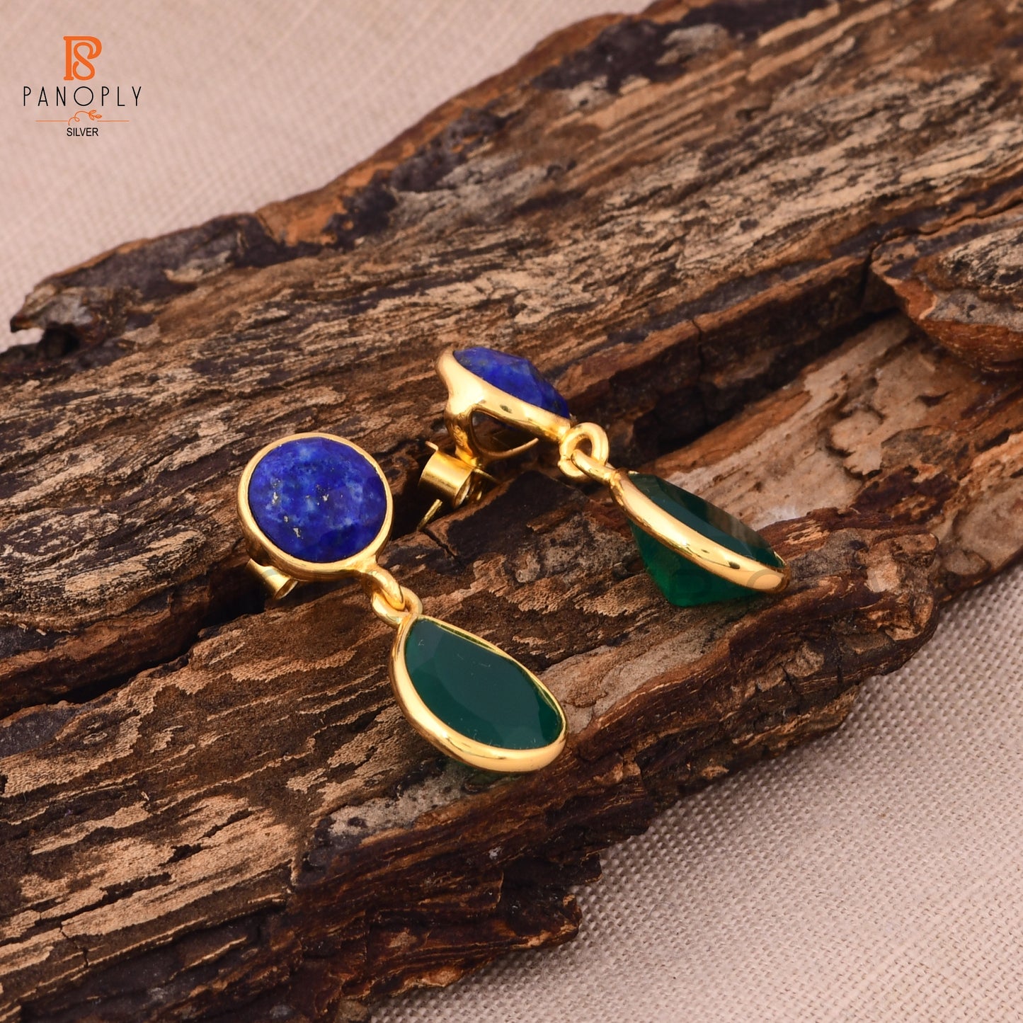 18K Gold 925 Silver Lapis & Green Onyx Dangle Earrings