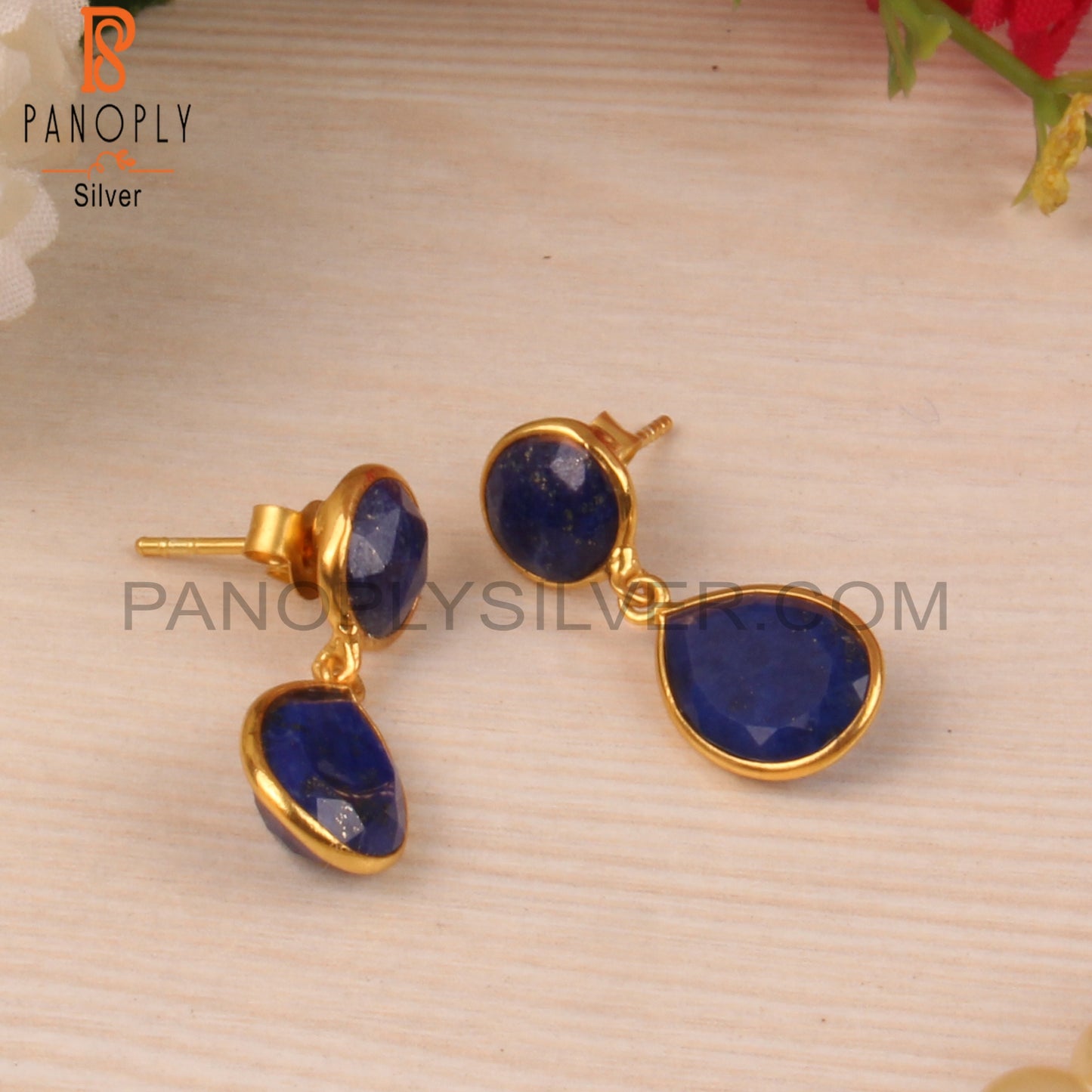 18K Yellow Gold Plated 925 Sodalite Bezel Dangle Earrings