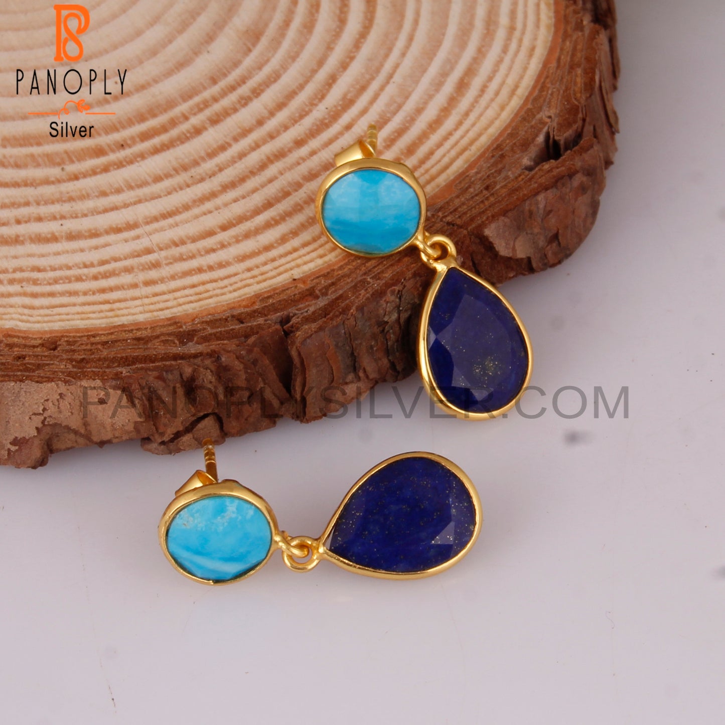 Turquoise Cultured & Lapis 925 Silver Bezel Gold Plated Earrings