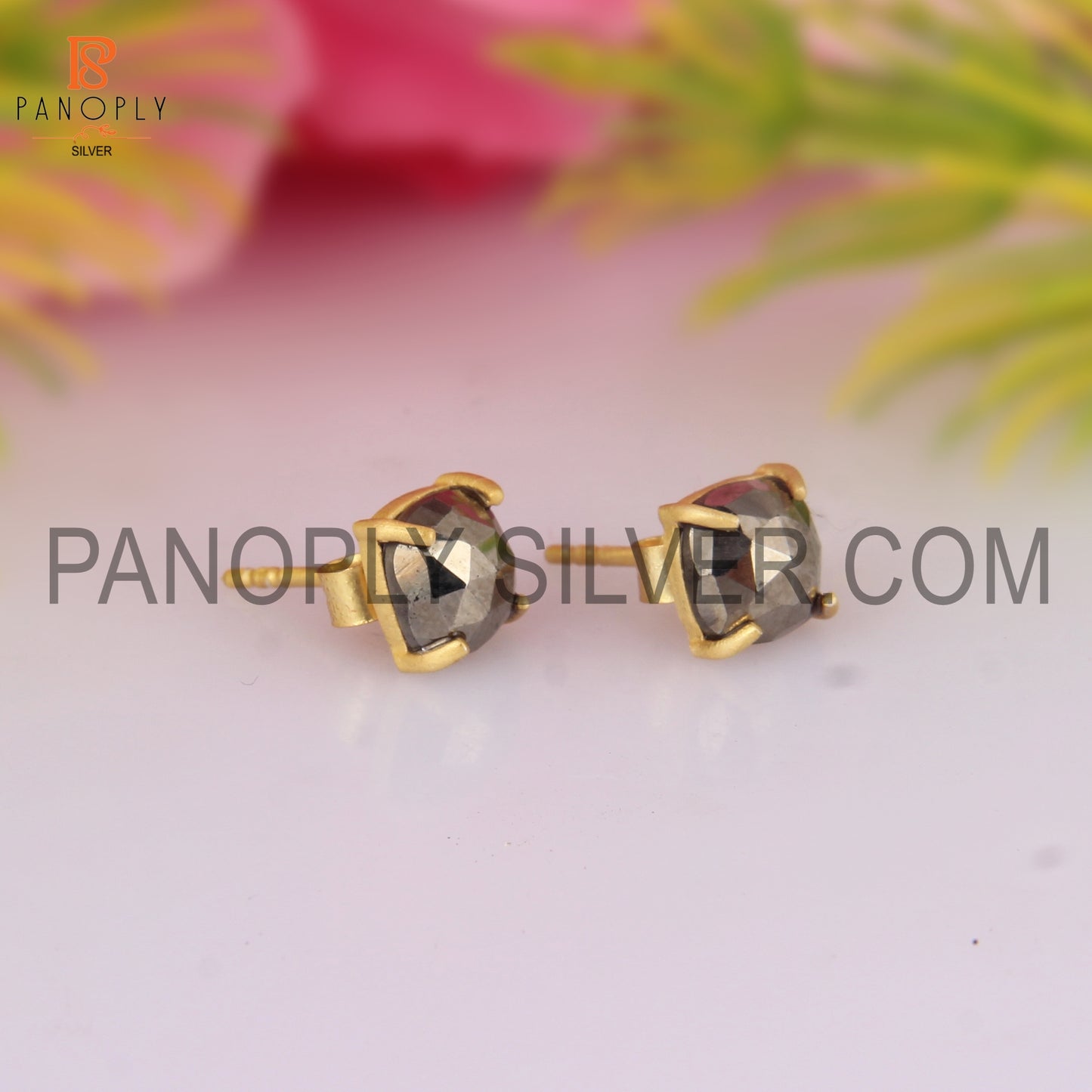 Gold Plated Pyrite Gemstone Stud Earrings Jewelry