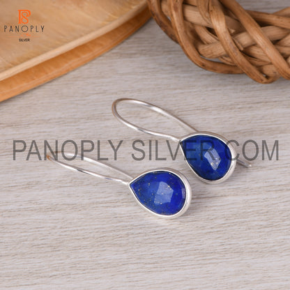 Lapis Gemstone Fish Hook 925 Sterling Silver Earrings