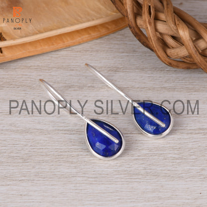 Lapis Gemstone Fish Hook 925 Sterling Silver Earrings