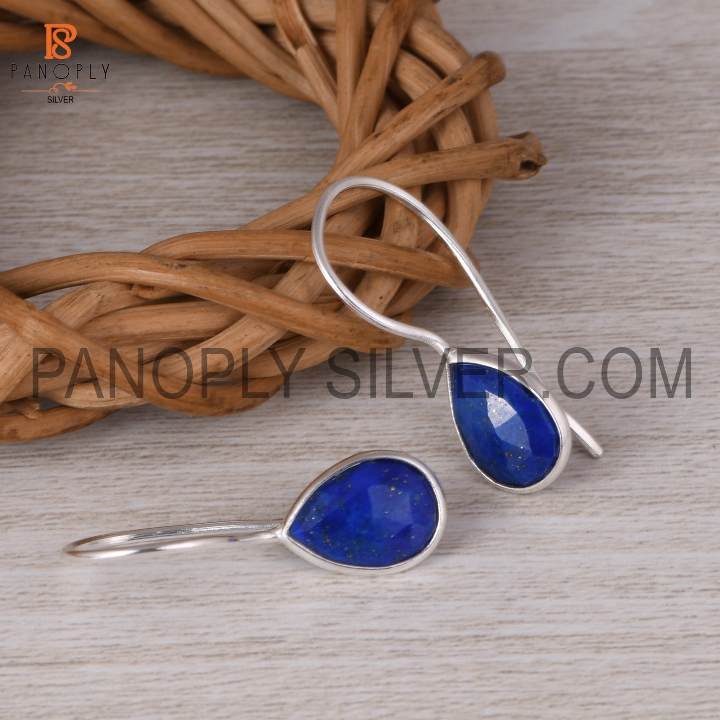 Lapis Gemstone Fish Hook 925 Sterling Silver Earrings