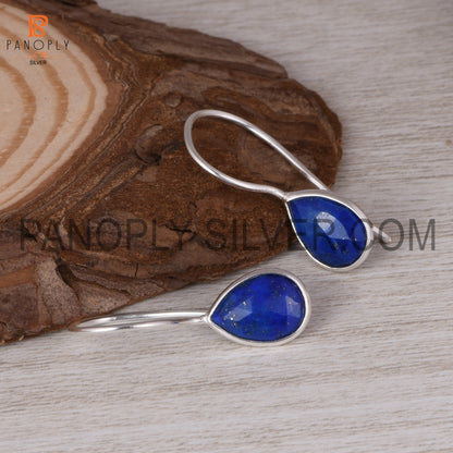 Lapis Gemstone Fish Hook 925 Sterling Silver Earrings