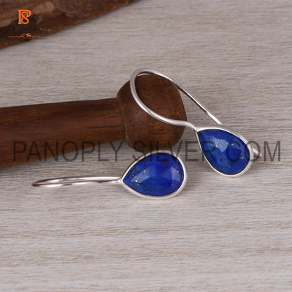 Lapis Gemstone Fish Hook 925 Sterling Silver Earrings