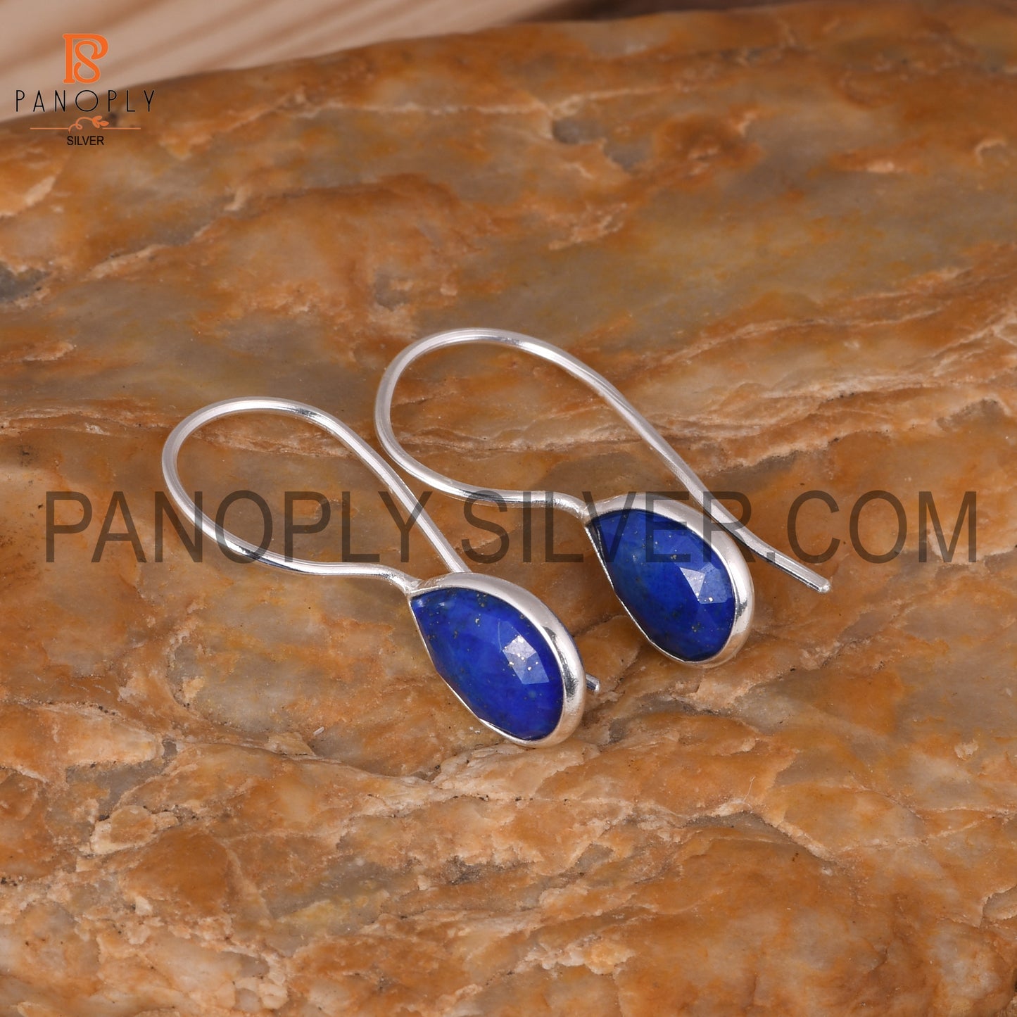 Lapis Gemstone Fish Hook 925 Sterling Silver Earrings