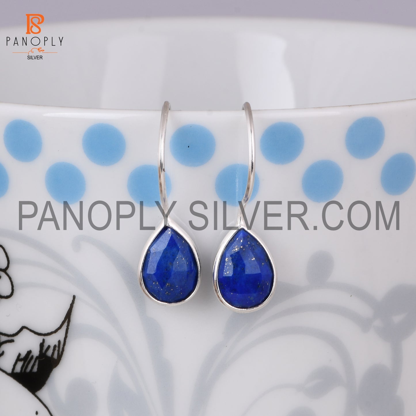 Lapis Gemstone Fish Hook 925 Sterling Silver Earrings