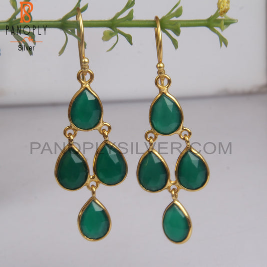 18K Gold Plated S 925 Silver Green Onyx Chandelier Earrings