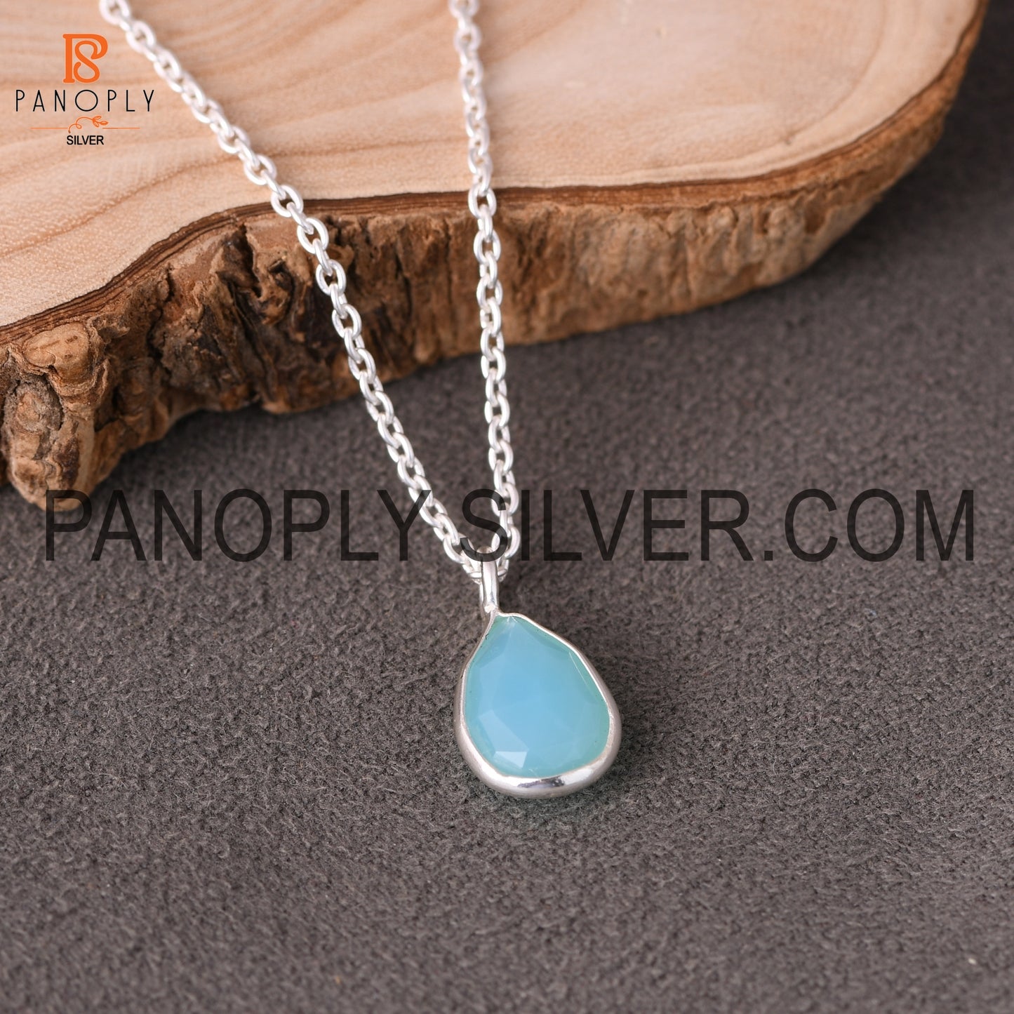 Solid 925 Sterling Silver Cut Aqua Chalcedony Chain Pendant