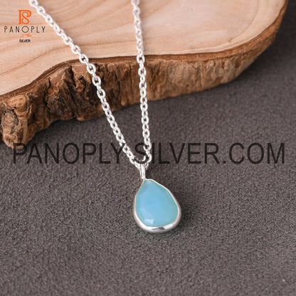 Solid 925 Sterling Silver Cut Aqua Chalcedony Chain Pendant