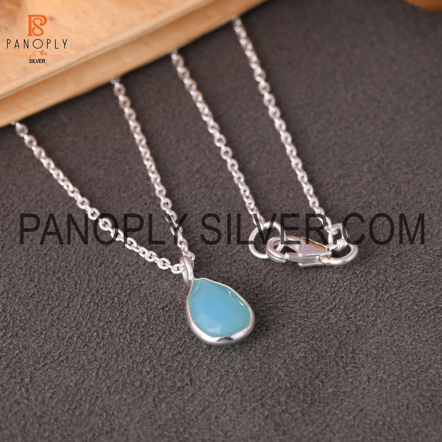 Solid 925 Sterling Silver Cut Aqua Chalcedony Chain Pendant