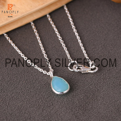 Solid 925 Sterling Silver Cut Aqua Chalcedony Chain Pendant