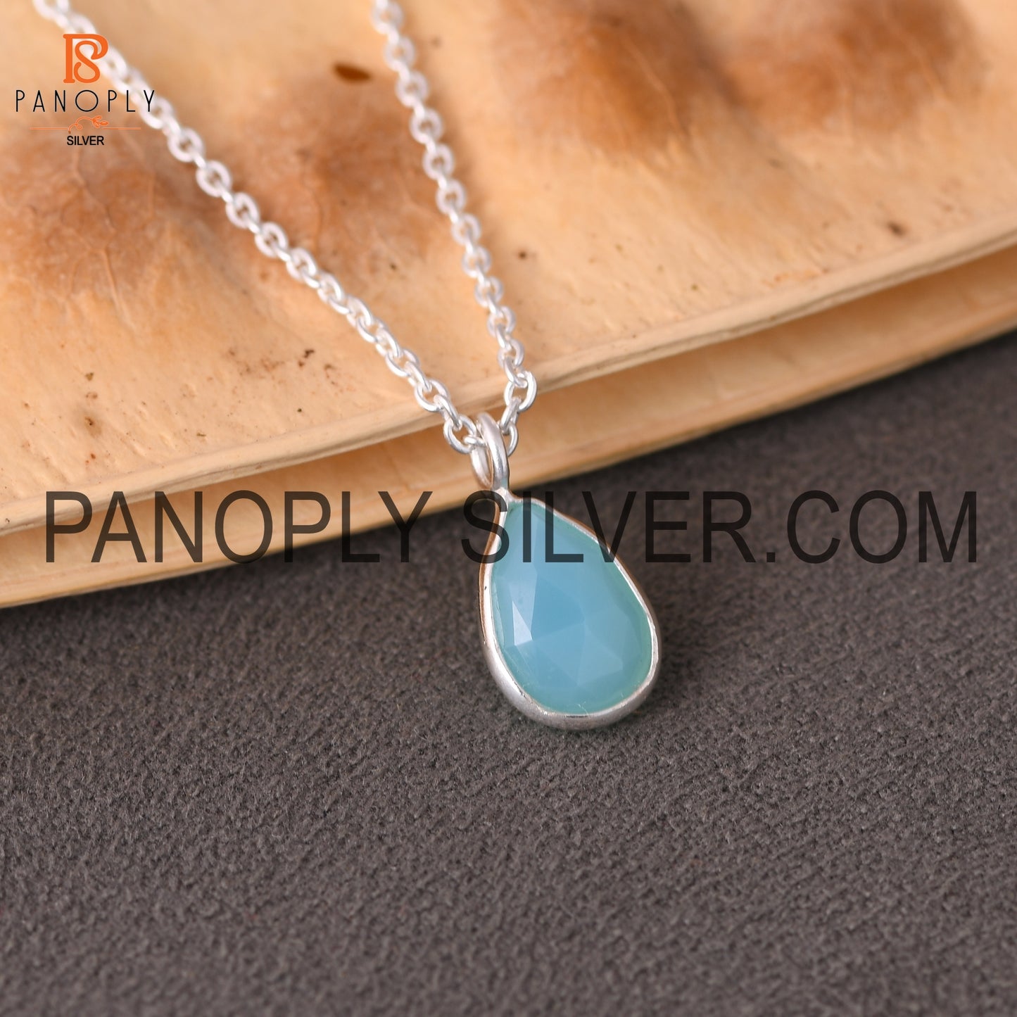 Solid 925 Sterling Silver Cut Aqua Chalcedony Chain Pendant