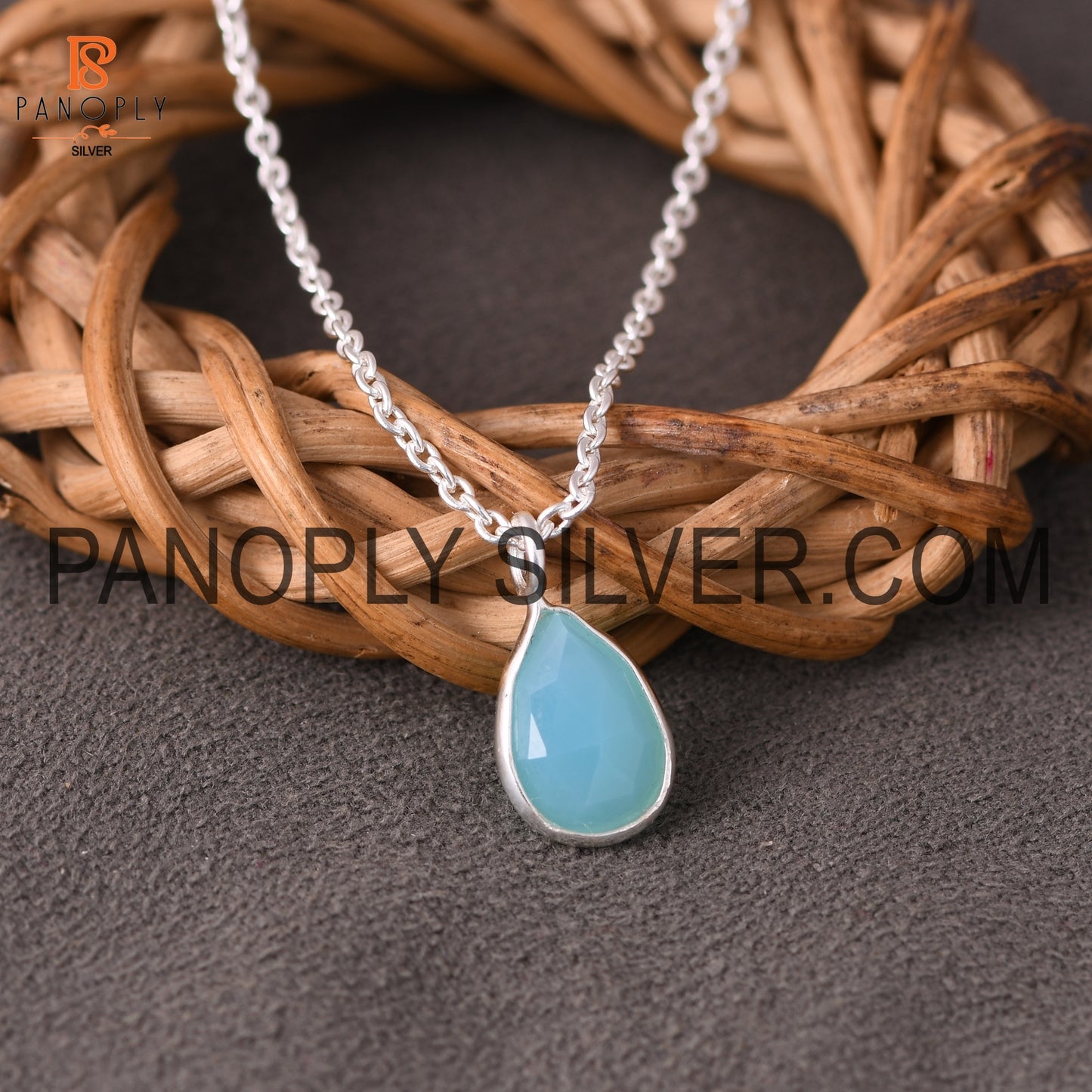 Solid 925 Sterling Silver Cut Aqua Chalcedony Chain Pendant