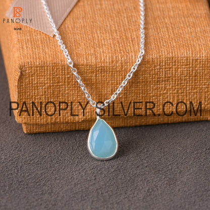 Solid 925 Sterling Silver Cut Aqua Chalcedony Chain Pendant