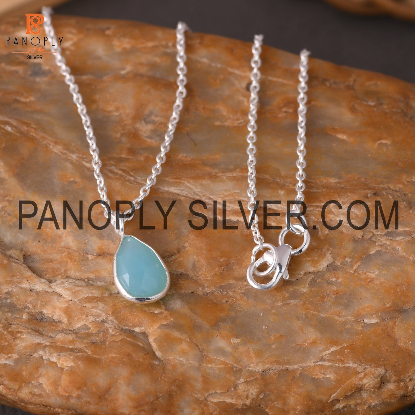 Solid 925 Sterling Silver Cut Aqua Chalcedony Chain Pendant