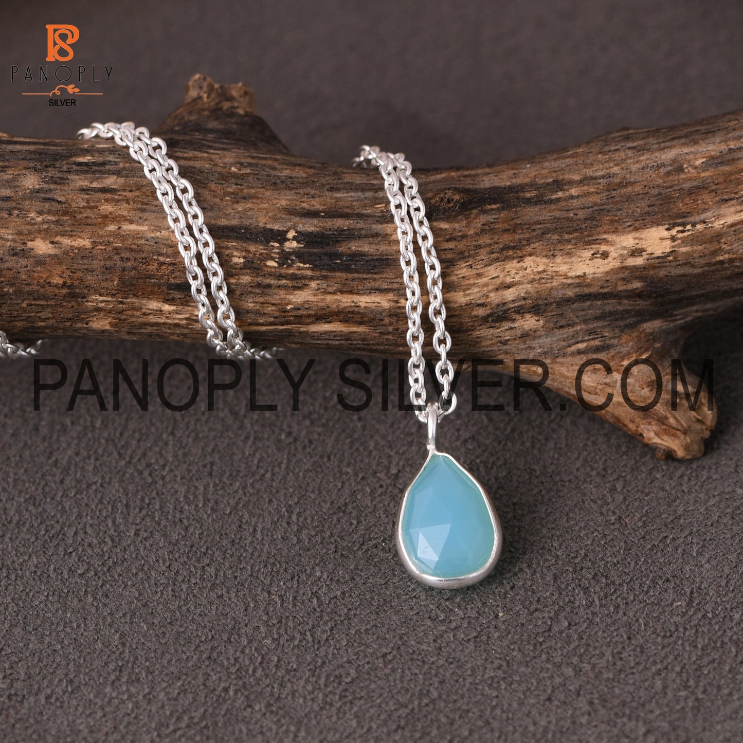 Solid 925 Sterling Silver Cut Aqua Chalcedony Chain Pendant