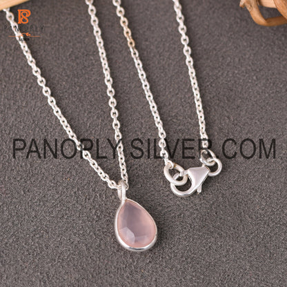 Natural Gemstone Rose Chalcedony Drop Silver Pendant