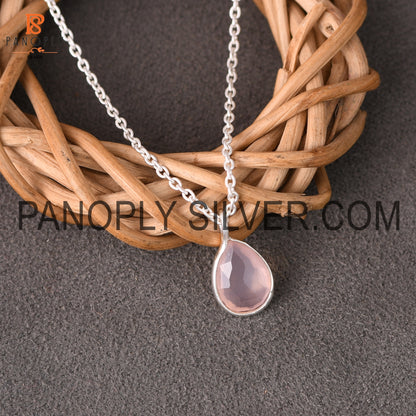 Natural Gemstone Rose Chalcedony Drop Silver Pendant