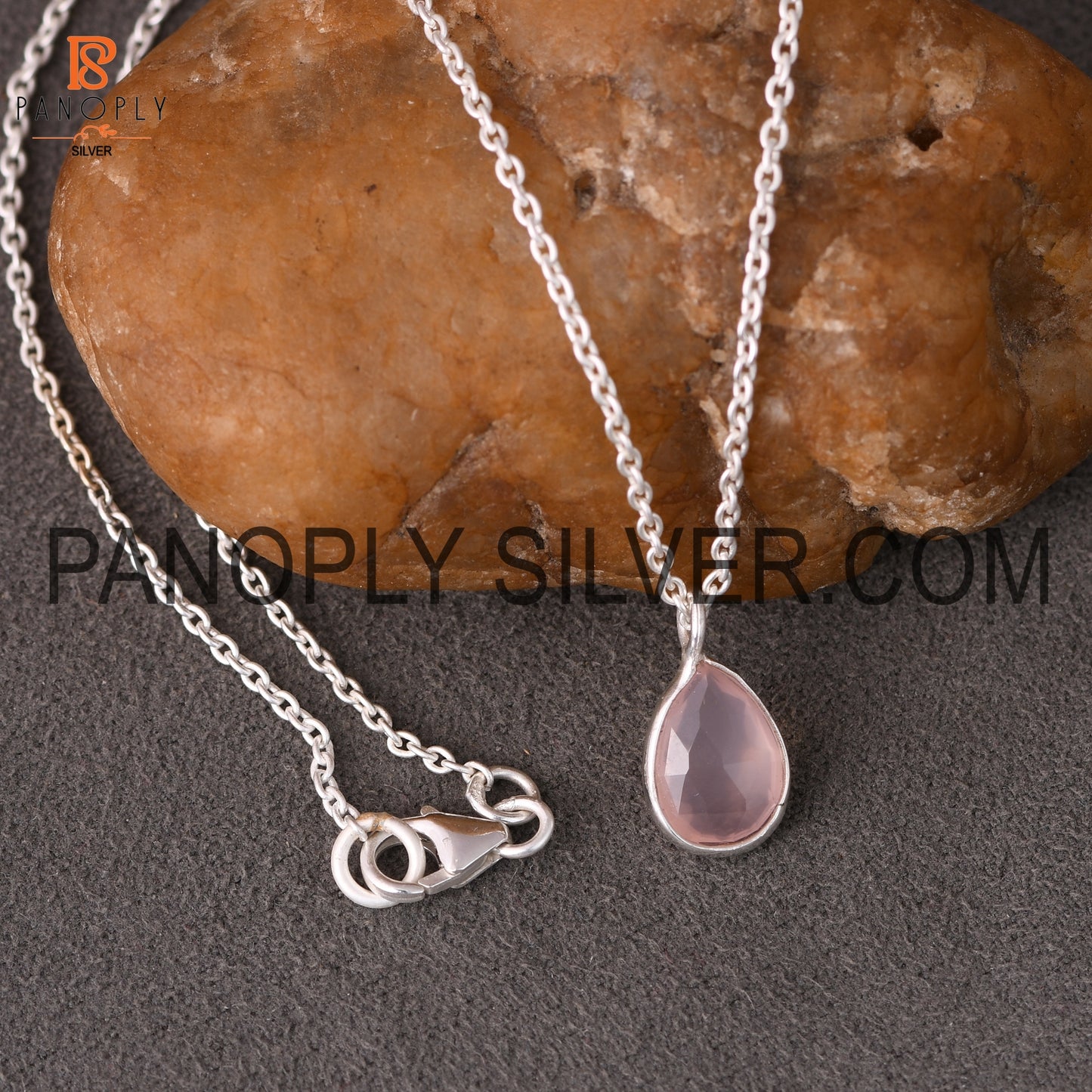 Natural Gemstone Rose Chalcedony Drop Silver Pendant