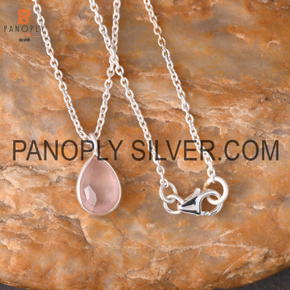 Natural Gemstone Rose Chalcedony Drop Silver Pendant