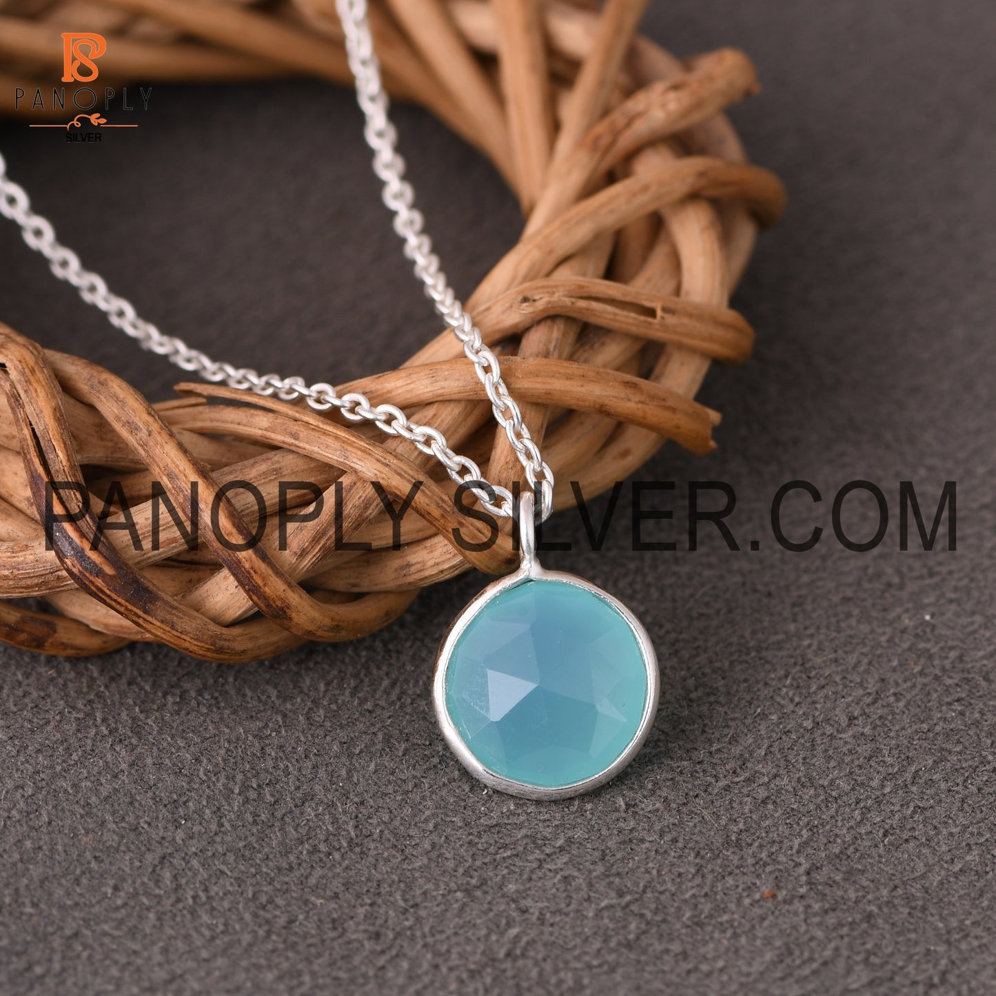 925 Silver Aqua Chalcedony Round Shape Pendant For Women