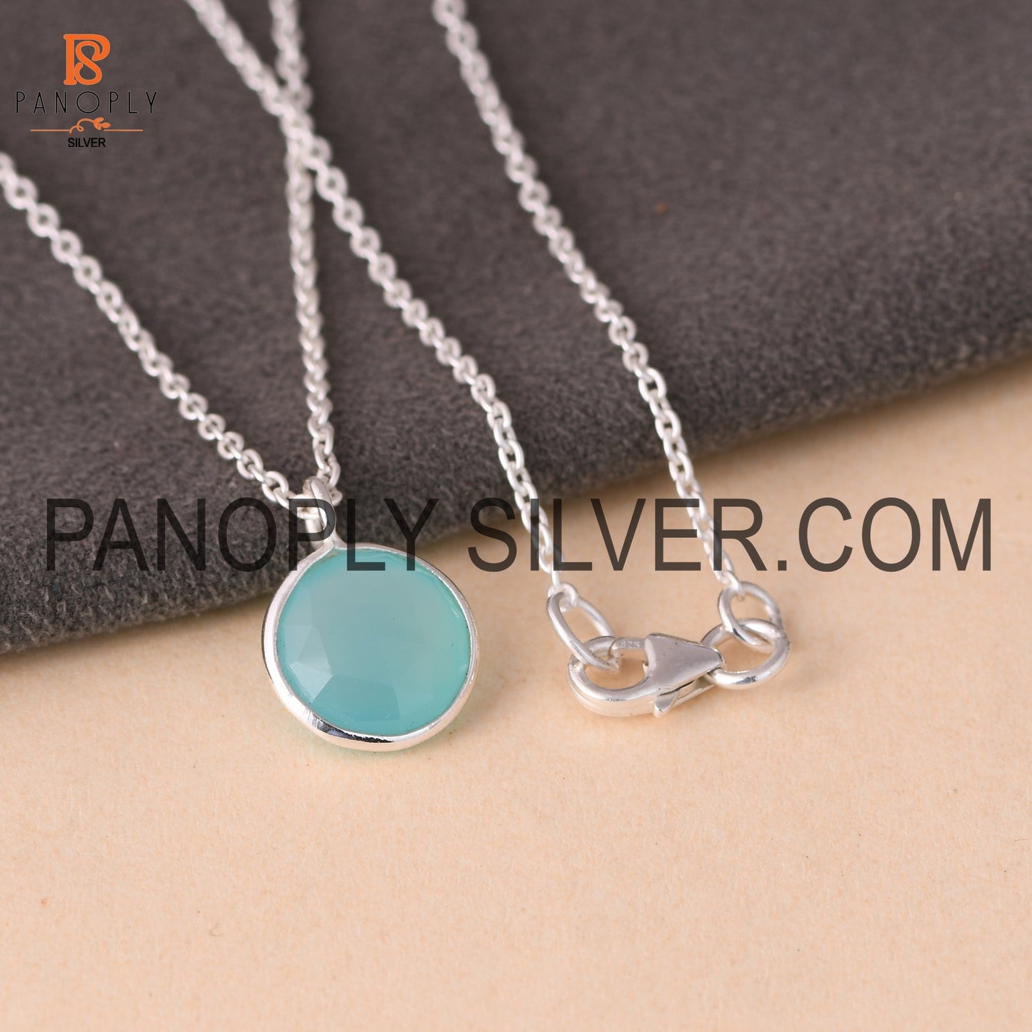 925 Silver Aqua Chalcedony Round Shape Pendant For Women