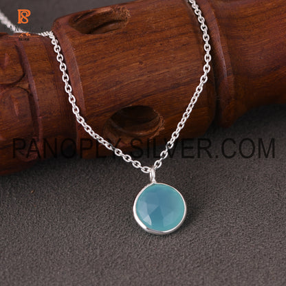 925 Silver Aqua Chalcedony Round Shape Pendant For Women