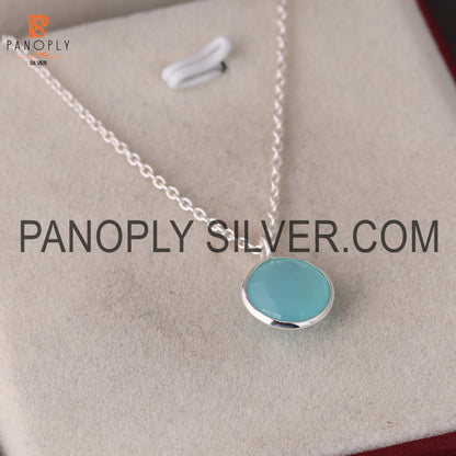 925 Silver Aqua Chalcedony Round Shape Pendant For Women