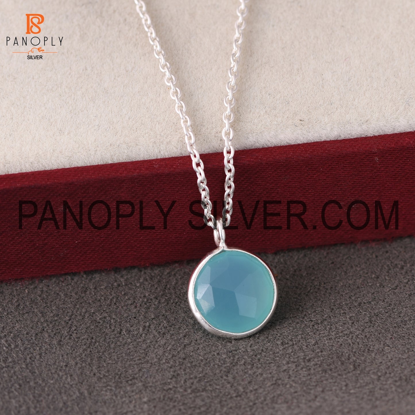 925 Silver Aqua Chalcedony Round Shape Pendant For Women