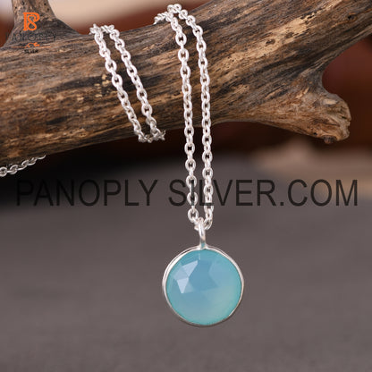 925 Silver Aqua Chalcedony Round Shape Pendant For Women