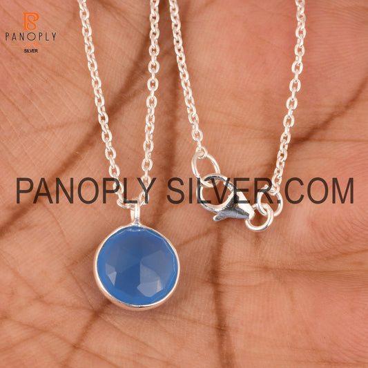 925 Silver Blue Chalcedony Round Pendant For Girls