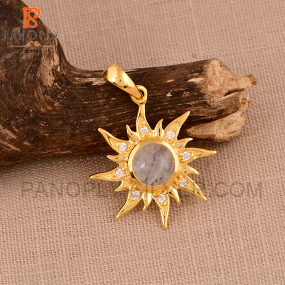 Gold Sun Charms Rainbow Moonstone 18K Gold Pendant